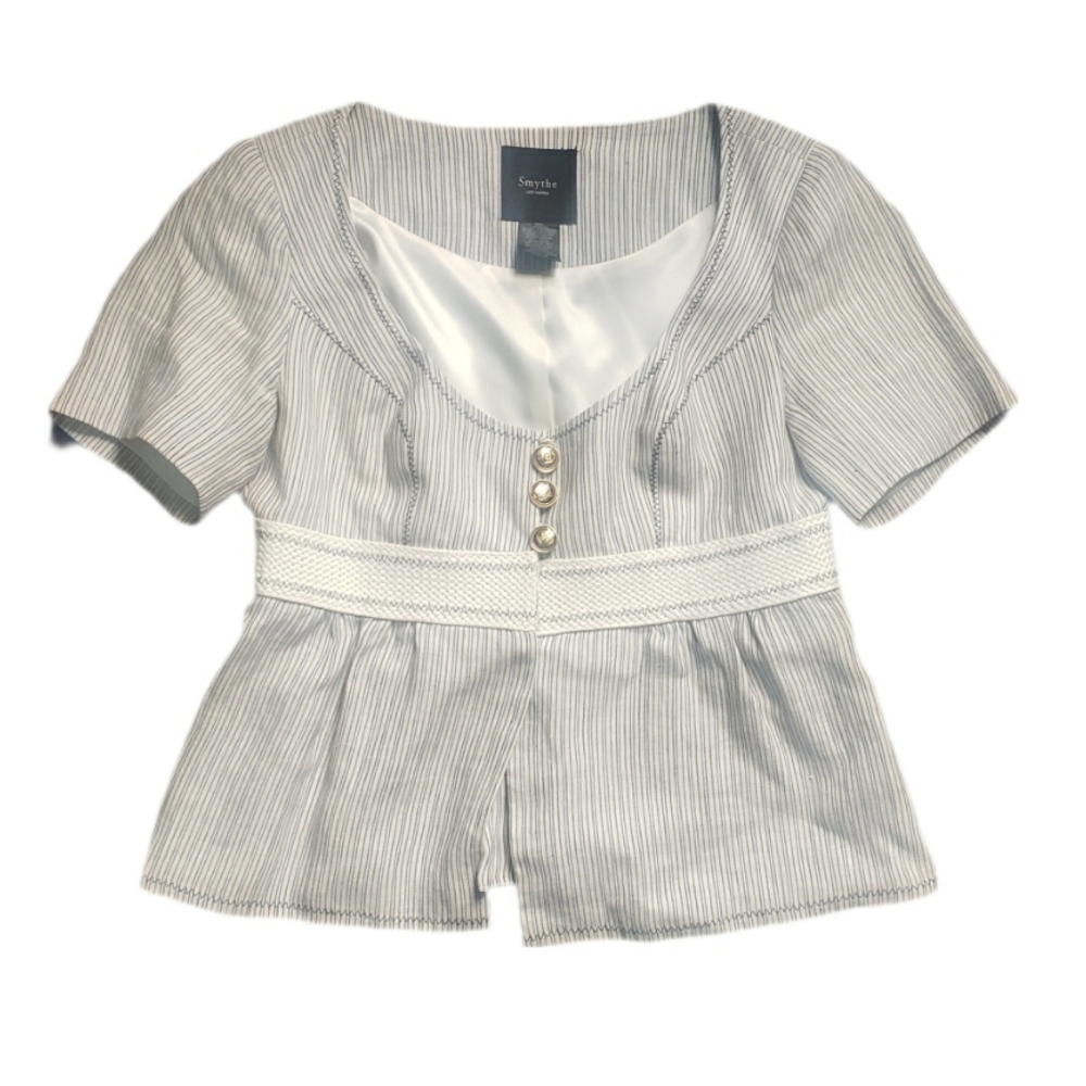 Smythe Linen Peplum Blazer - Striped, Short Sleeve, Branded Gold Buttons